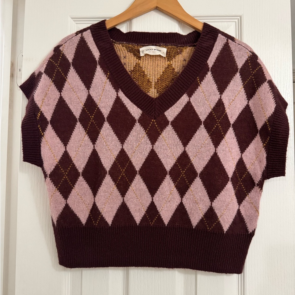 Lucky Brand Pink & Burgundy Argyle V-Neck Sweater Vest
